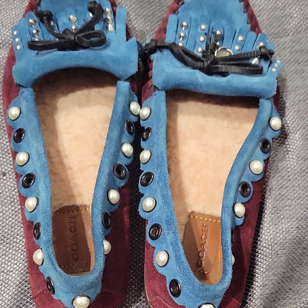 Coach Burgundy and Blue Loafers with Pearl Details